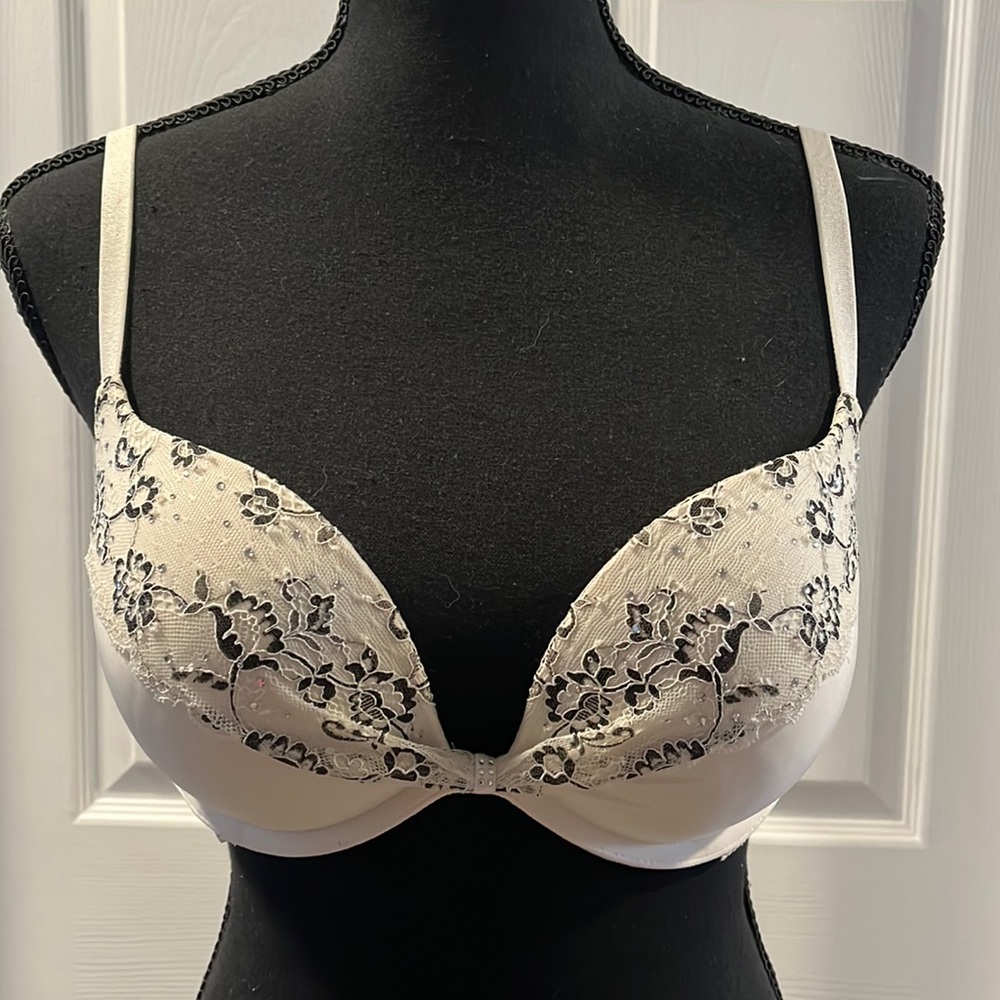 Victoria's Padded Demi Underwire Bra in White w/black lace & rhinestones 34D